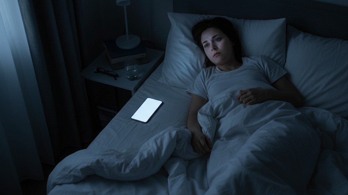 Person lying awake in bed staring at the ceiling, phone glow visible, illustrating 3AM sleeplessness