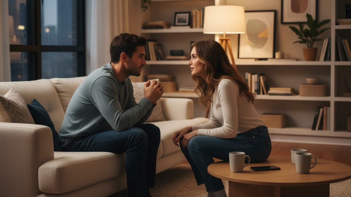 Couple having an honest conversation on a couch, choosing dialogue over phone snooping
