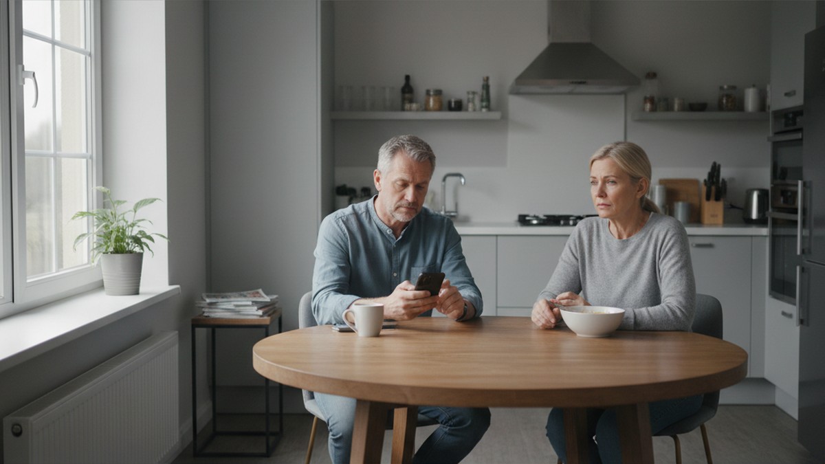 Middle-aged couple at kitchen table representing midlife relationship tension and infidelity risk