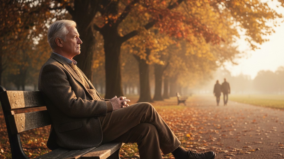 Older man sitting alone on a park bench reflecting on life, representing late-life infidelity patterns