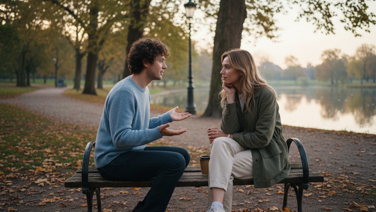 Couple having an open conversation about anxiety on a park bench