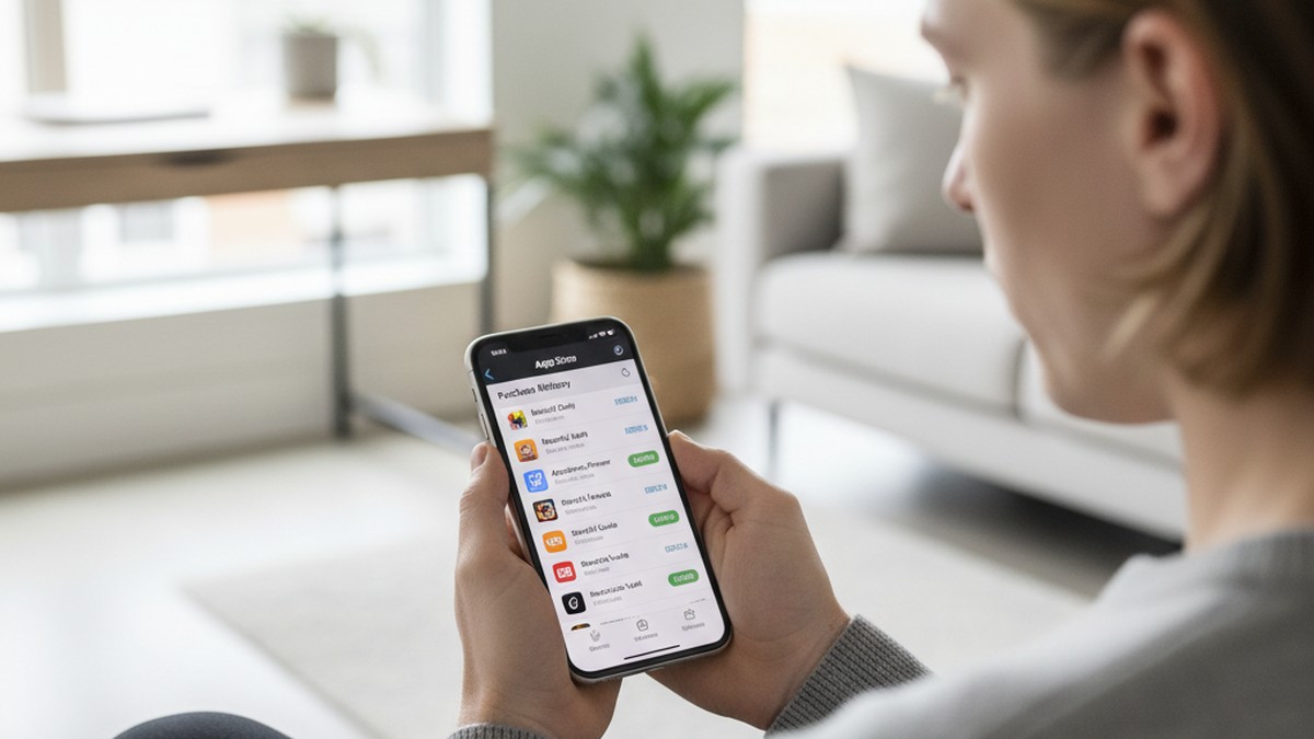 Over-the-shoulder view of person reviewing App Store purchase history on iPhone