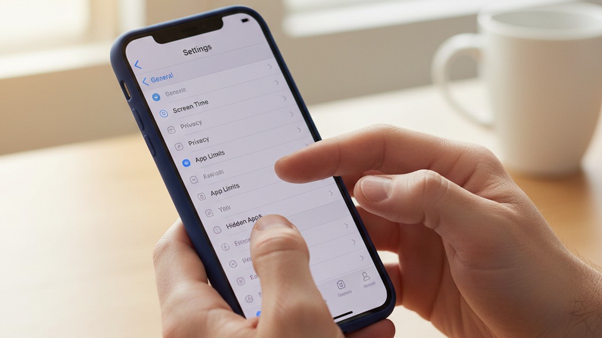 Hands navigating iPhone Settings to access Screen Time activity report