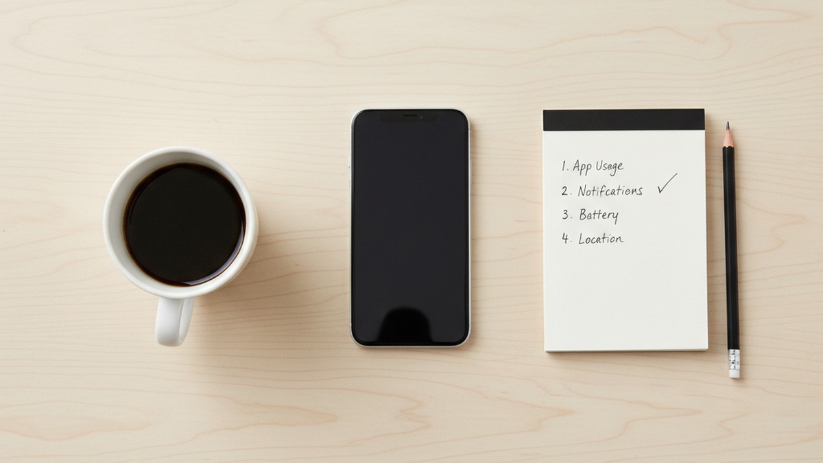Overhead flat-lay of desk with phone and checklist for systematic app detection analysis