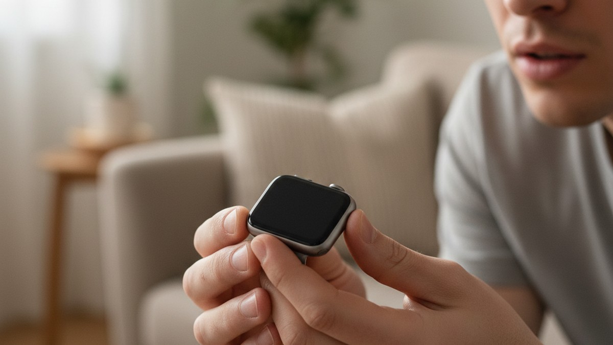 Hands carefully examining an Apple Watch screen showing synced message data