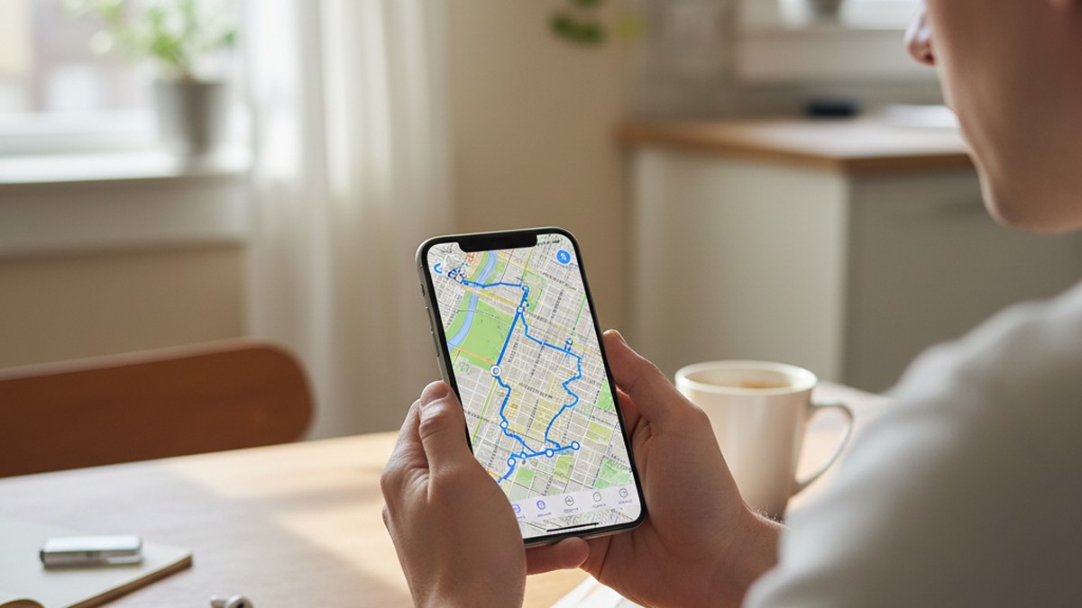 Over-the-shoulder view of iPhone Health app displaying Apple Watch GPS workout route map