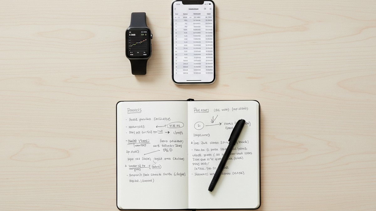 Overhead flat-lay of Apple Watch, iPhone, and notebook representing digital evidence framework