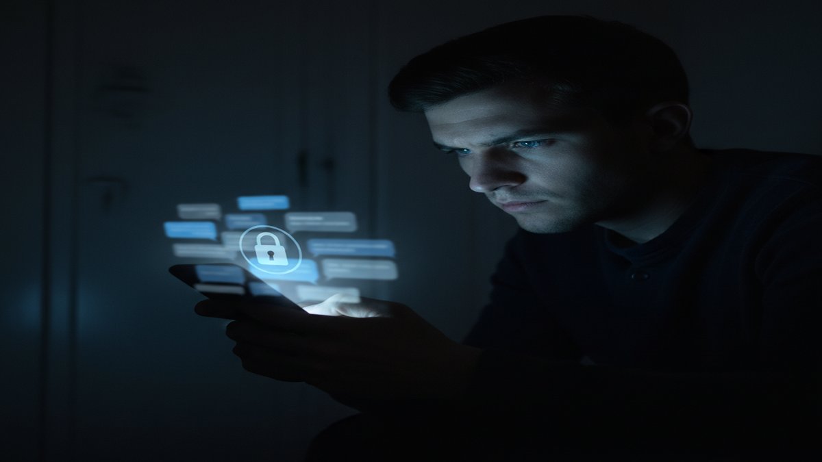 Person reading encrypted messages on phone in the dark