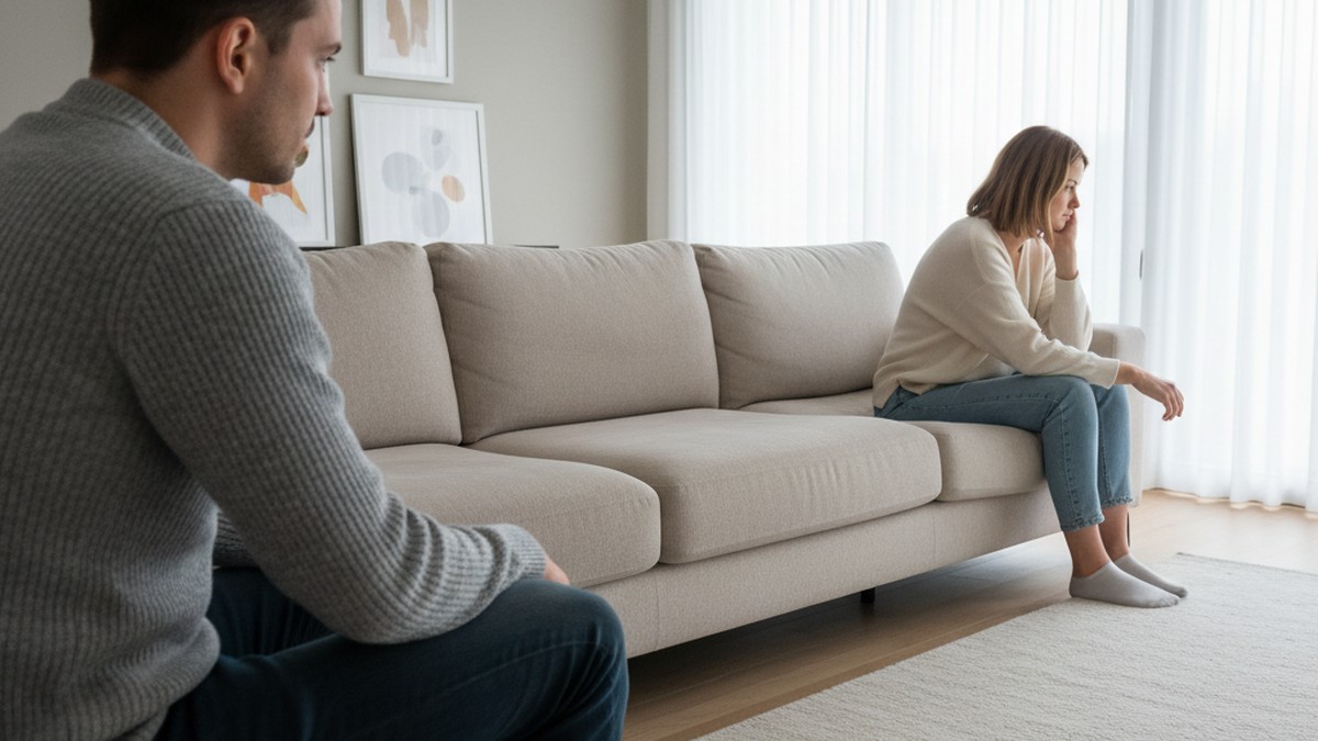 Couple showing emotional distance on couch, illustrating avoidant attachment dynamics in relationships