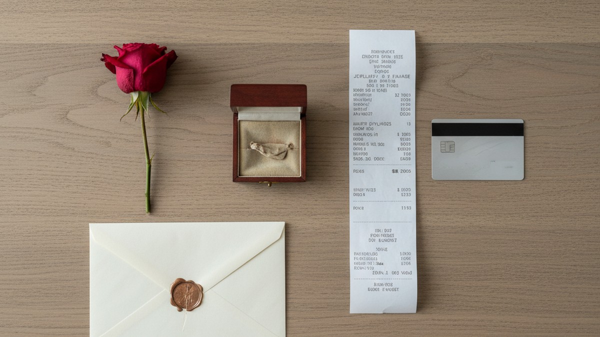 Flat-lay of gift-related items including jewelry box, receipt and credit card suggesting affair purchases