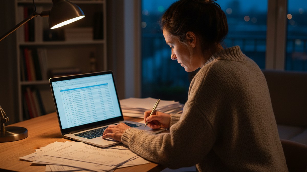 Person reviewing bank statements on a laptop, systematically analyzing financial records for suspicious patterns