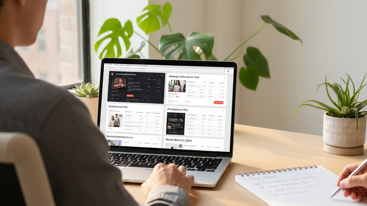 Person comparing dating profile search tools on laptop with evaluation checklist