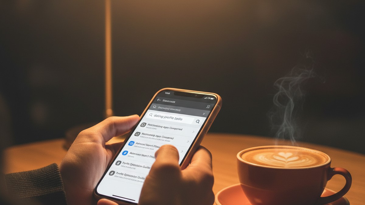 Close-up of hands searching dating profiles on smartphone at cafe