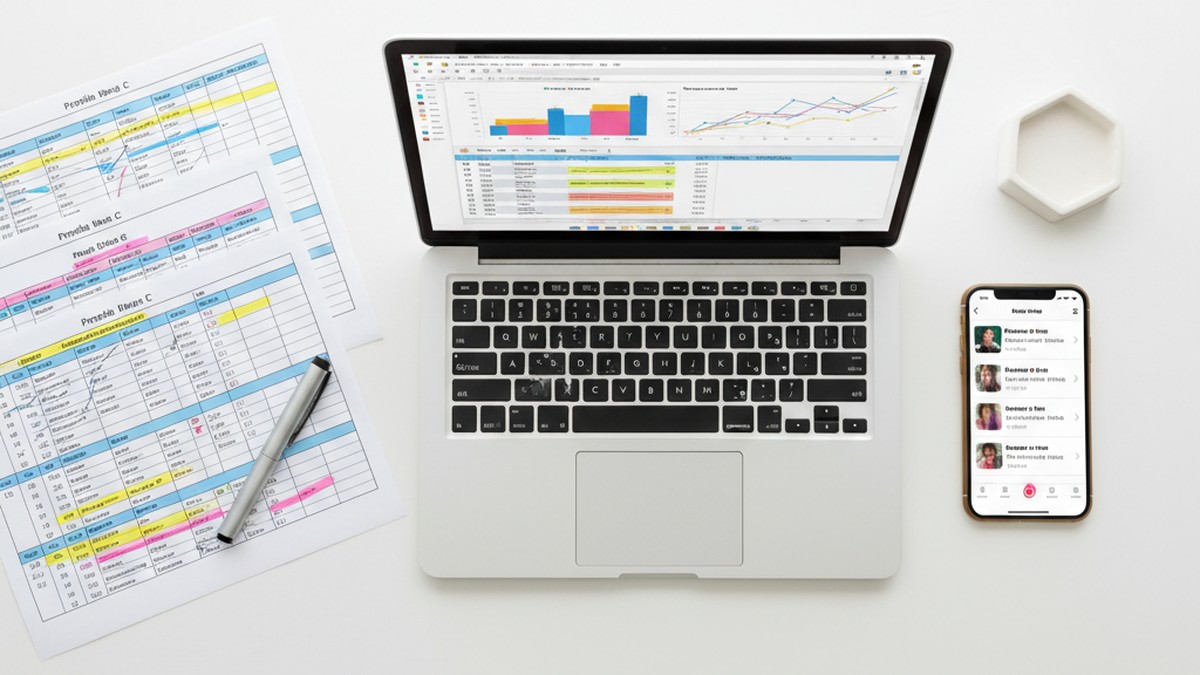 Overhead view of desk with comparison charts and search tools for dating profiles