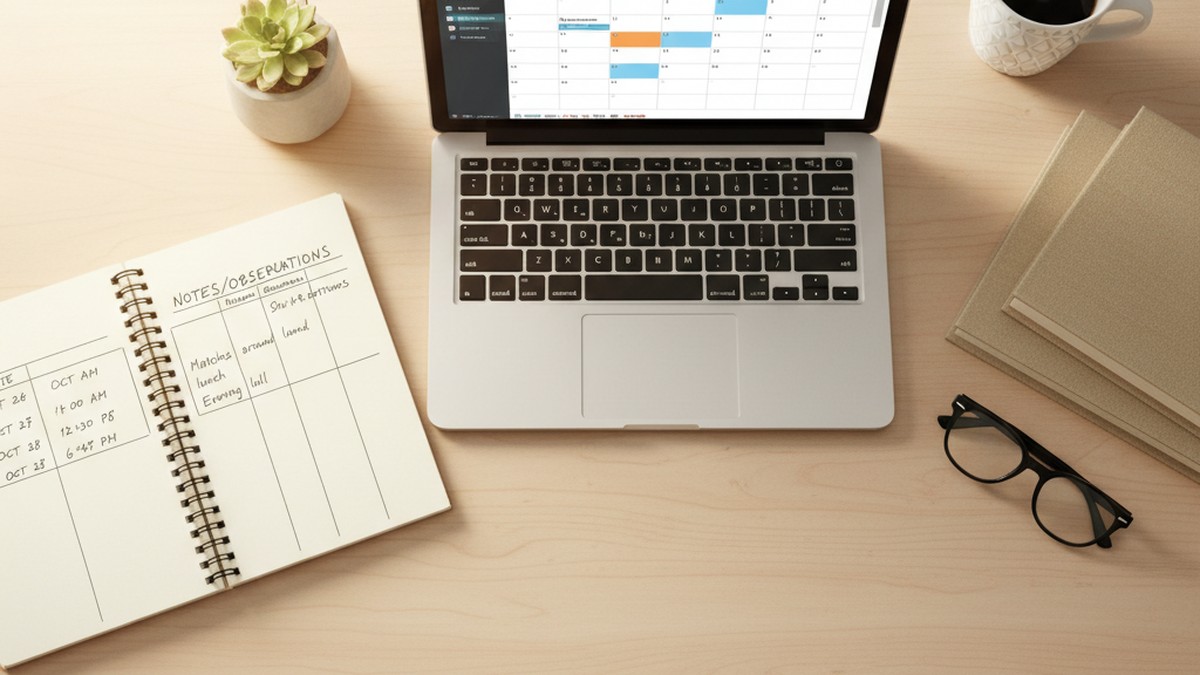 Notebook and laptop showing the Activity Window Method documentation process