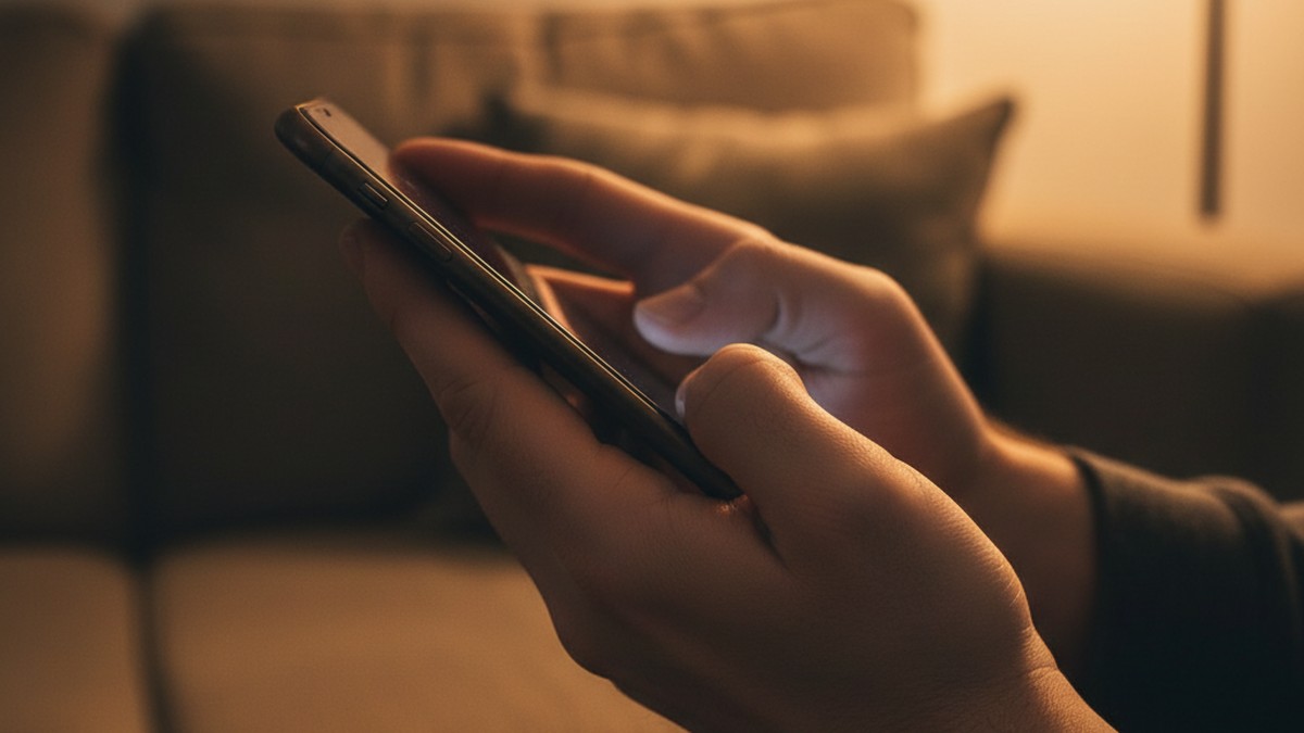 Hands holding phone protectively away from view — a sign of hidden app activity