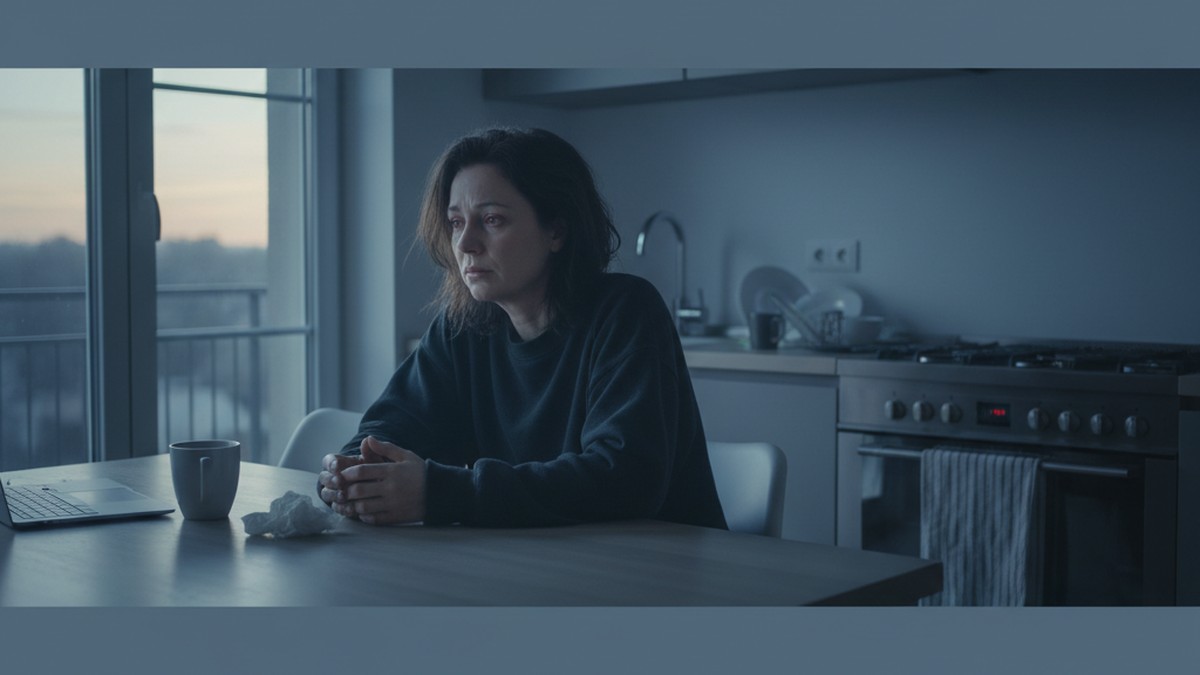 Person sitting alone at kitchen table at dawn showing betrayal trauma symptoms