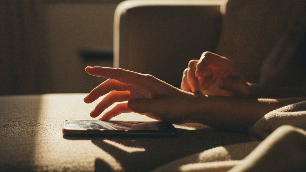 Close-up of hands near a phone on a couch, representing phone privacy tension in relationships