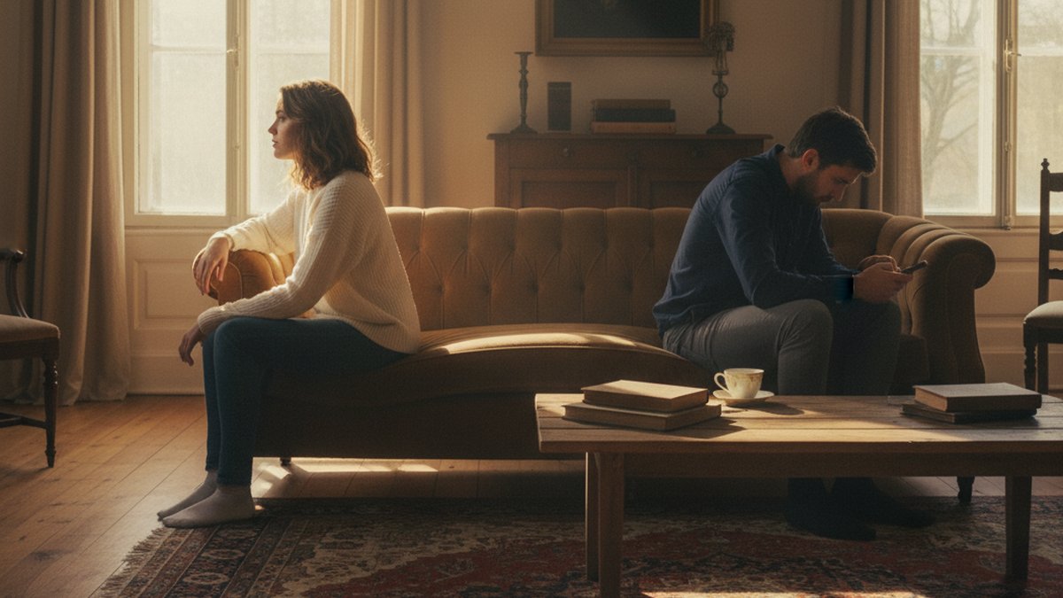 Couple sitting apart on sofa showing emotional distance, phone hiding body language