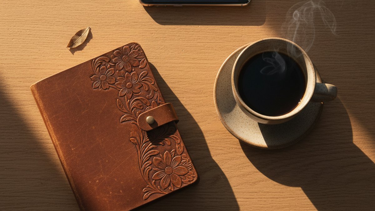 Bird eye view of desk with coffee and phone face down, symbolizing phone secrecy