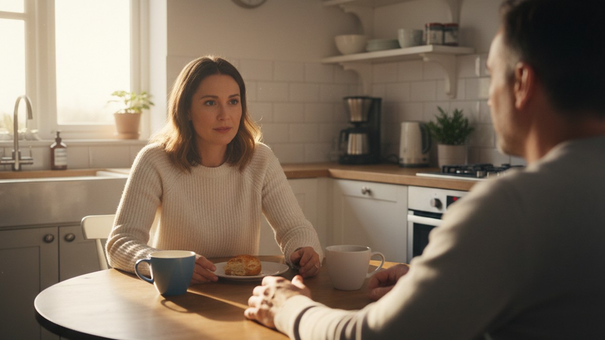 Couple having calm conversation about dating apps at kitchen table over morning coffee