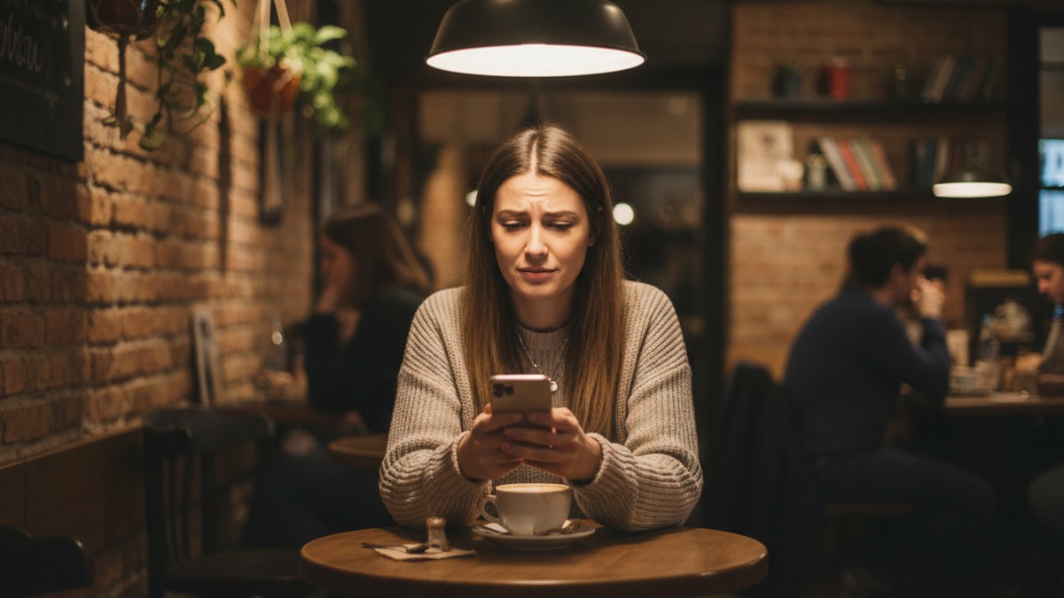 Woman sitting alone in cafe looking at phone with mix of hope and uncertainty while being breadcrumbed