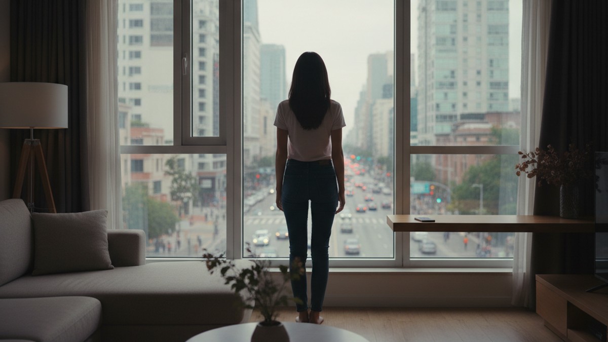 Woman standing at window looking forward with resolve, choosing not to engage with breadcrumbing pattern