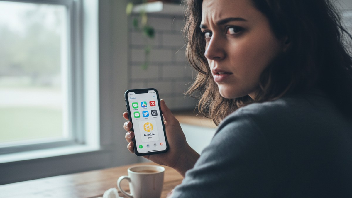 Person looking at phone with uncertain expression, noticing unfamiliar app