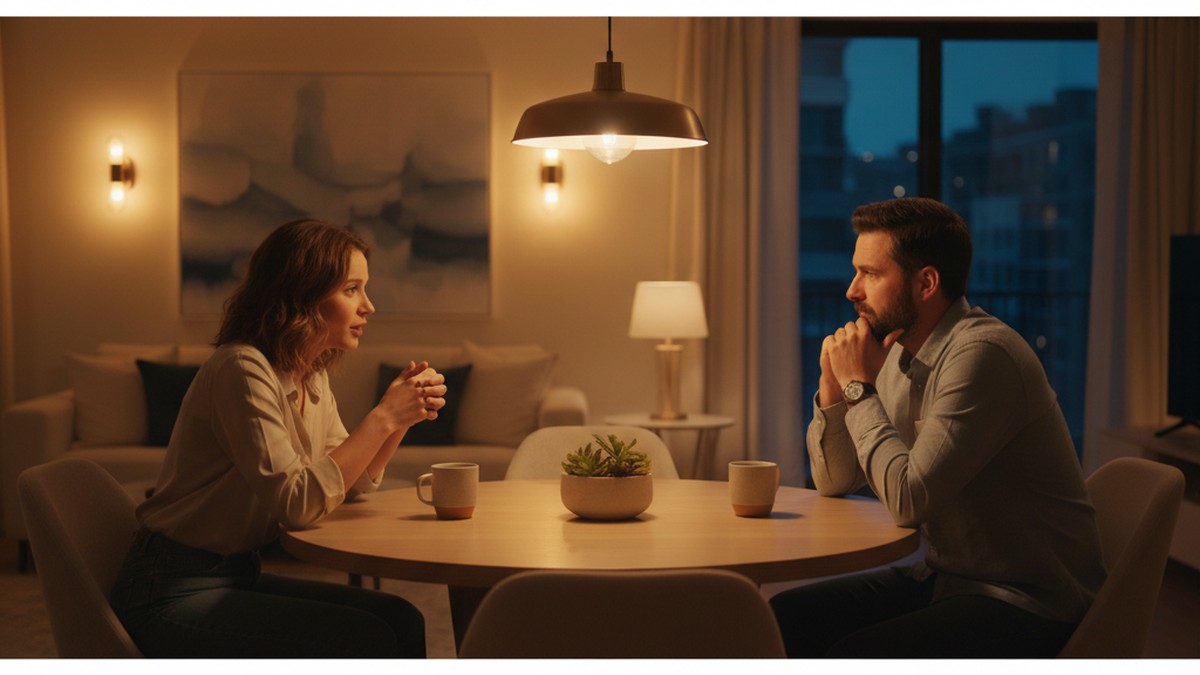 Couple having a calm, serious conversation at a dining table about relationship transparency