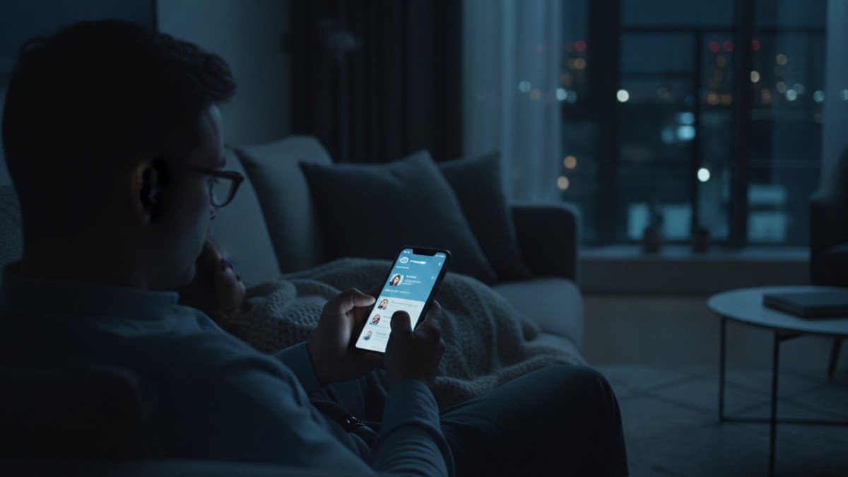 Person illuminated by phone screen glow at night, representing hidden Bumble activity