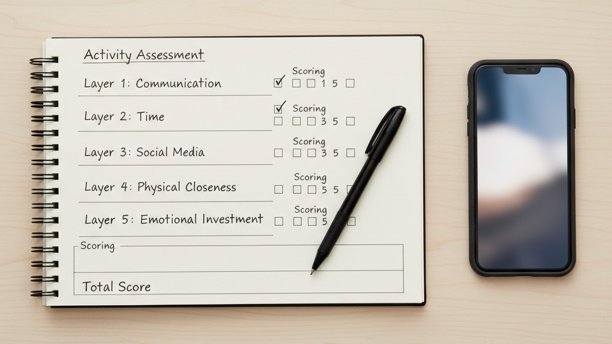 Overhead view of notebook checklist and smartphone on desk, representing the 5-layer activity assessment
