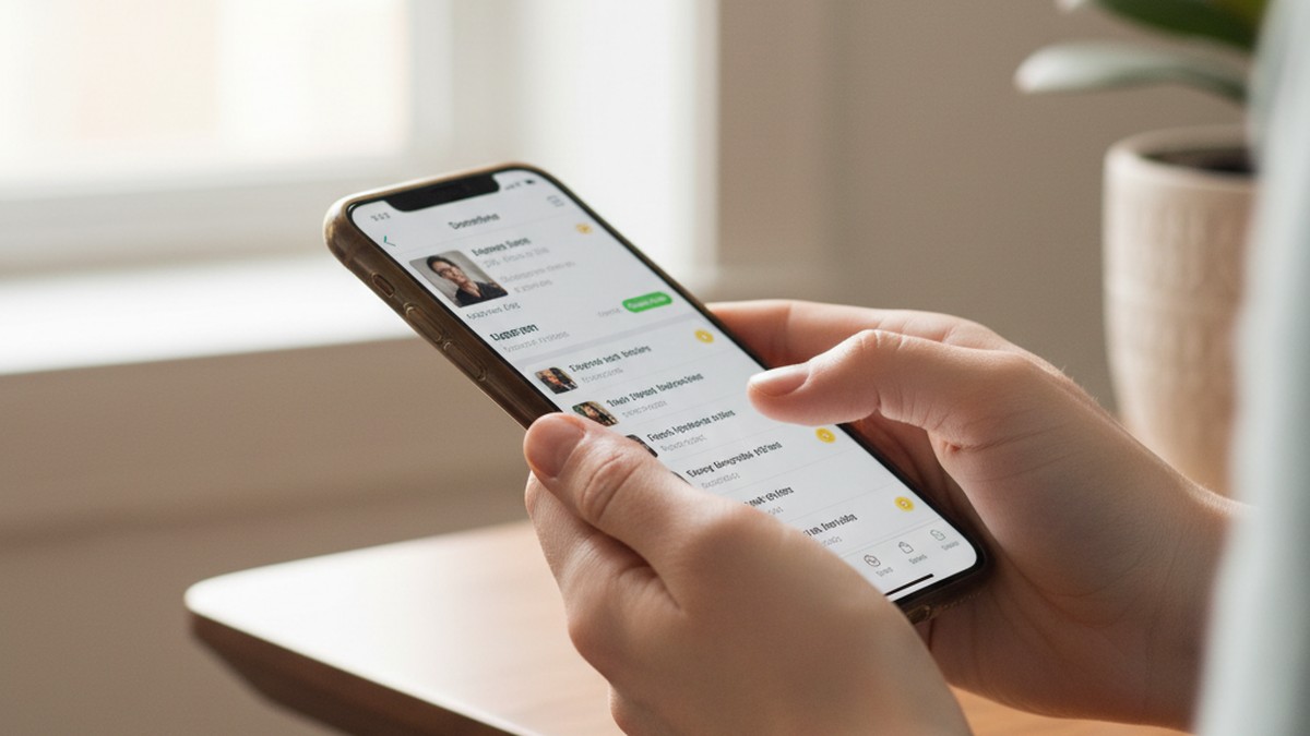 Hands scrolling through a dating app profile on a smartphone, examining activity signals on Bumble