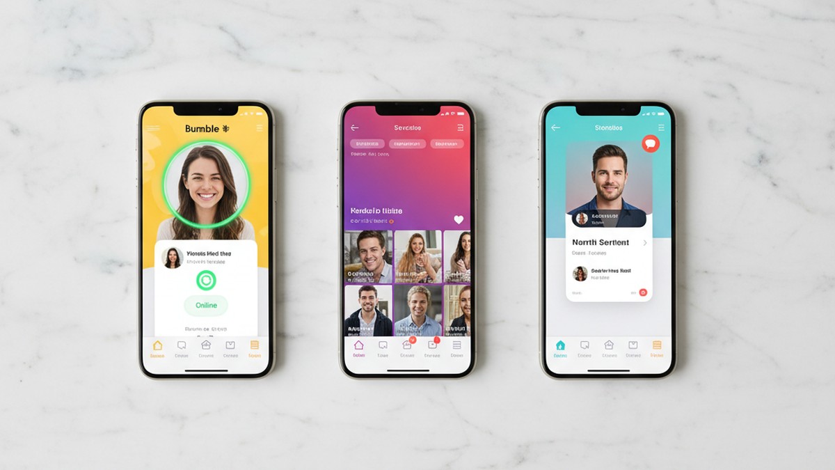 Three smartphones side by side showing different dating app interfaces — Bumble activity status comparison