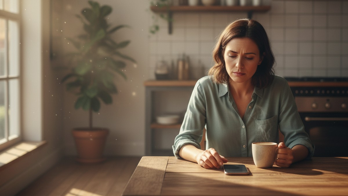 Woman sitting at kitchen table thoughtfully looking at her phone, considering a partner's Bumble activity