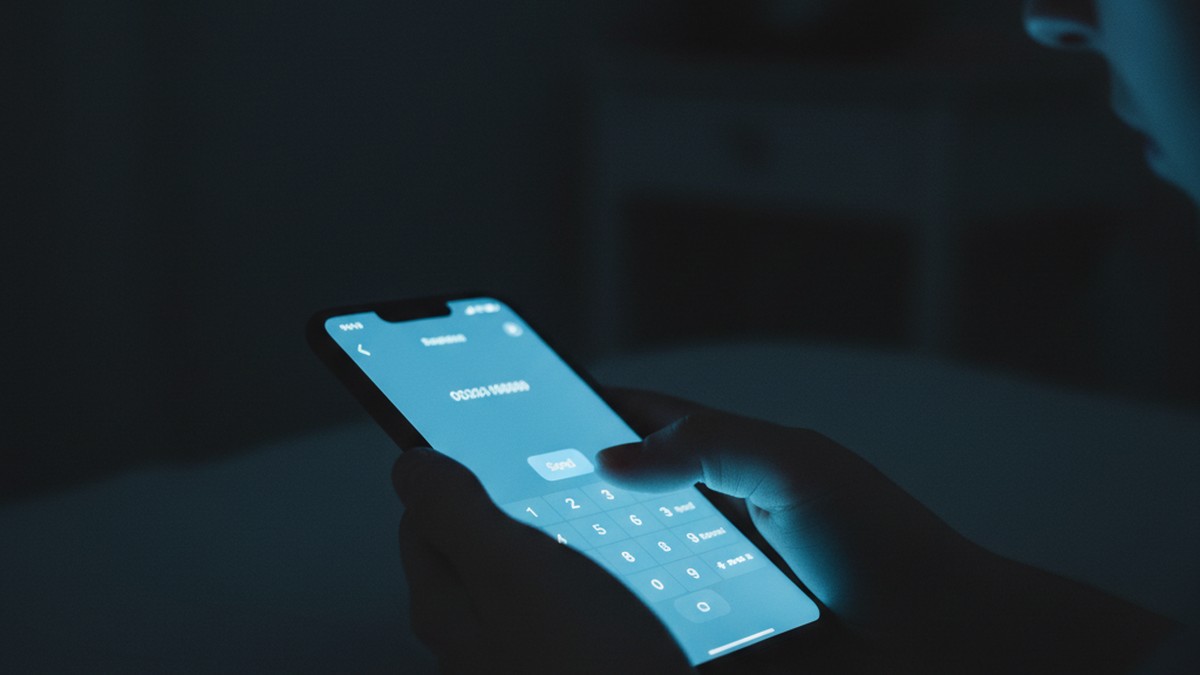 Hand holding smartphone showing phone number verification screen in dark bedroom