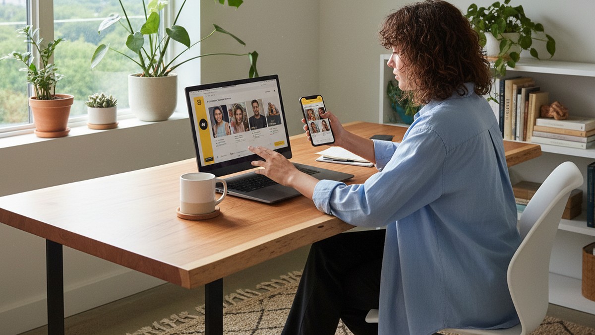 Person using laptop and phone at bright home office desk to search dating profiles