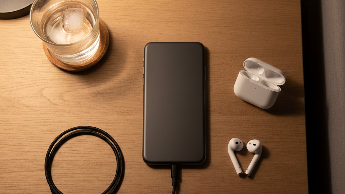 Face-down smartphone on nightstand beside earbuds and charging cable in dim bedroom