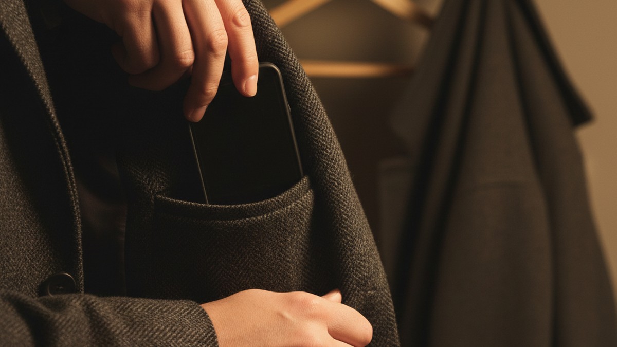 Hands concealing a small budget smartphone in a jacket pocket, representing a hidden burner phone