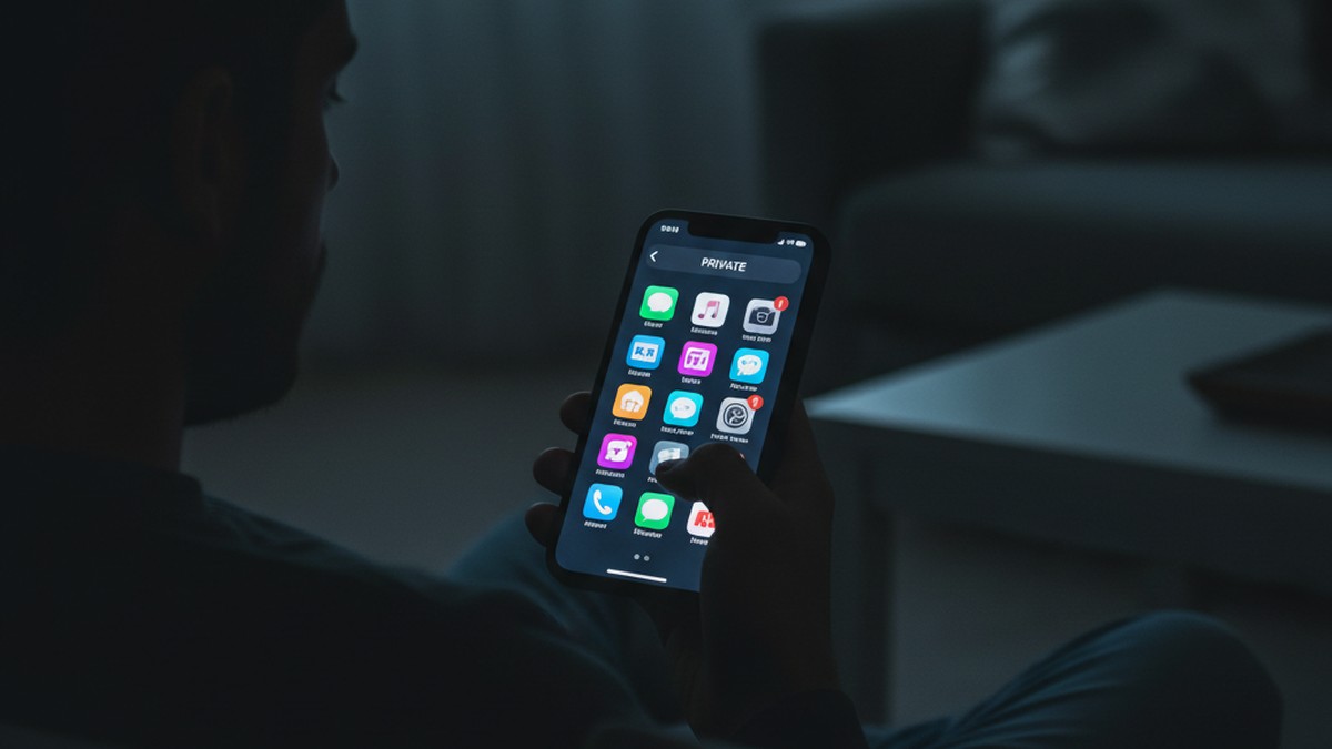 Over-the-shoulder view of phone screen showing multiple messaging apps, representing burner phone apps used for secret communication