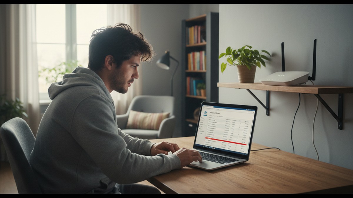 Person at home desk checking router admin page for unknown connected devices