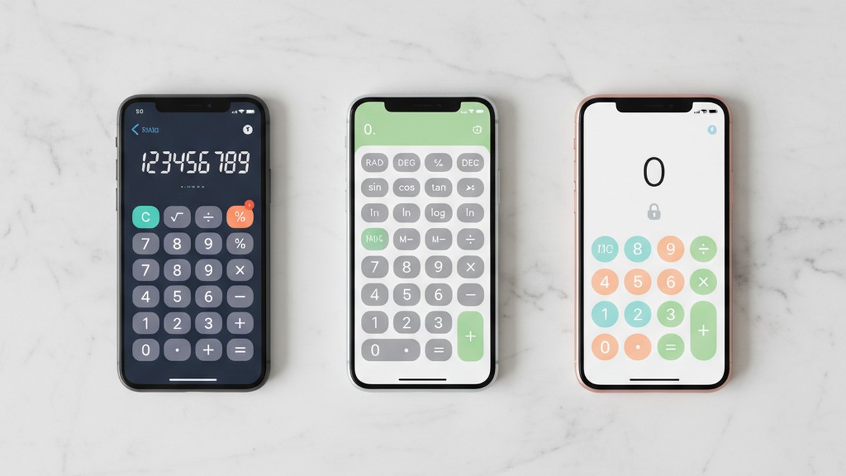Smartphones displaying different calculator vault app interfaces on a clean surface