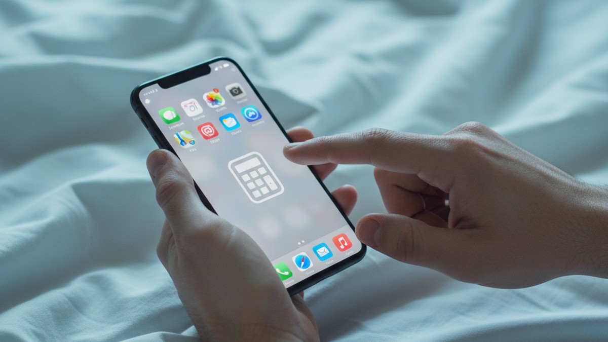 Hands holding phone with finger hovering over suspicious calculator app