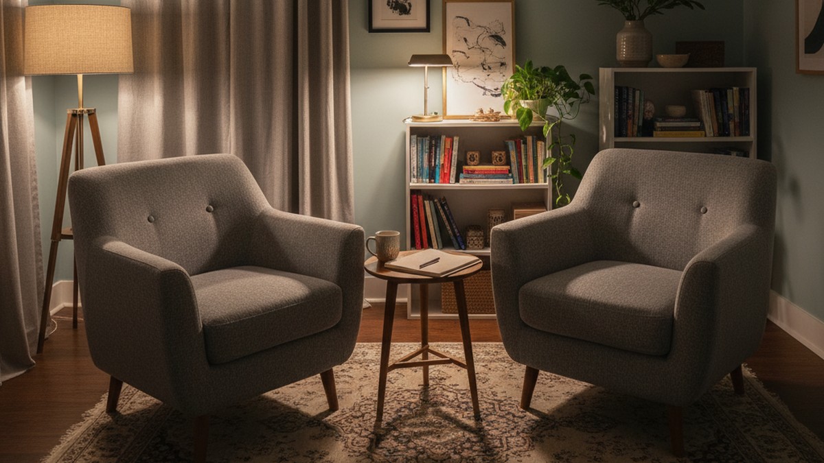 Empty therapy office with two chairs and warm lighting, representing couples counseling after infidelity