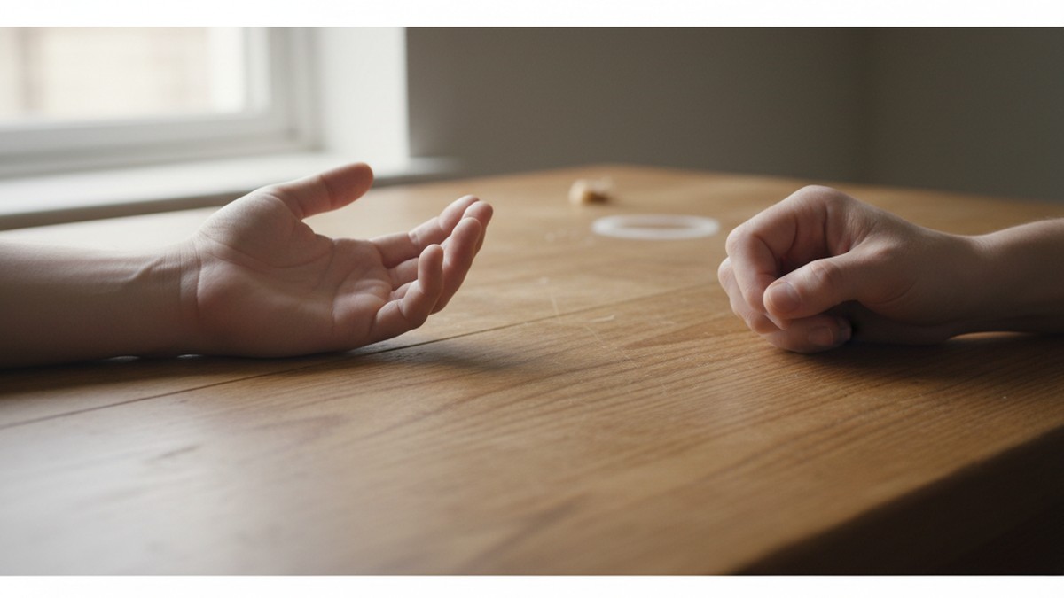 Close-up of hands resting on a table in natural window light, representing openness and accountability in relationship change