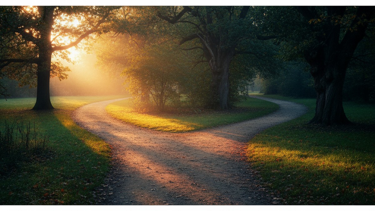 Winding park path splitting into two directions at golden hour, symbolizing the decision to stay or leave after a partner cheats