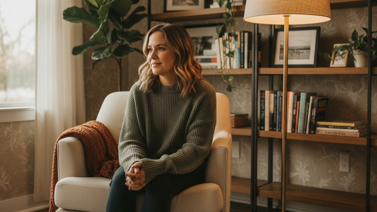 Person in a therapy session, sitting thoughtfully during relationship recovery after infidelity