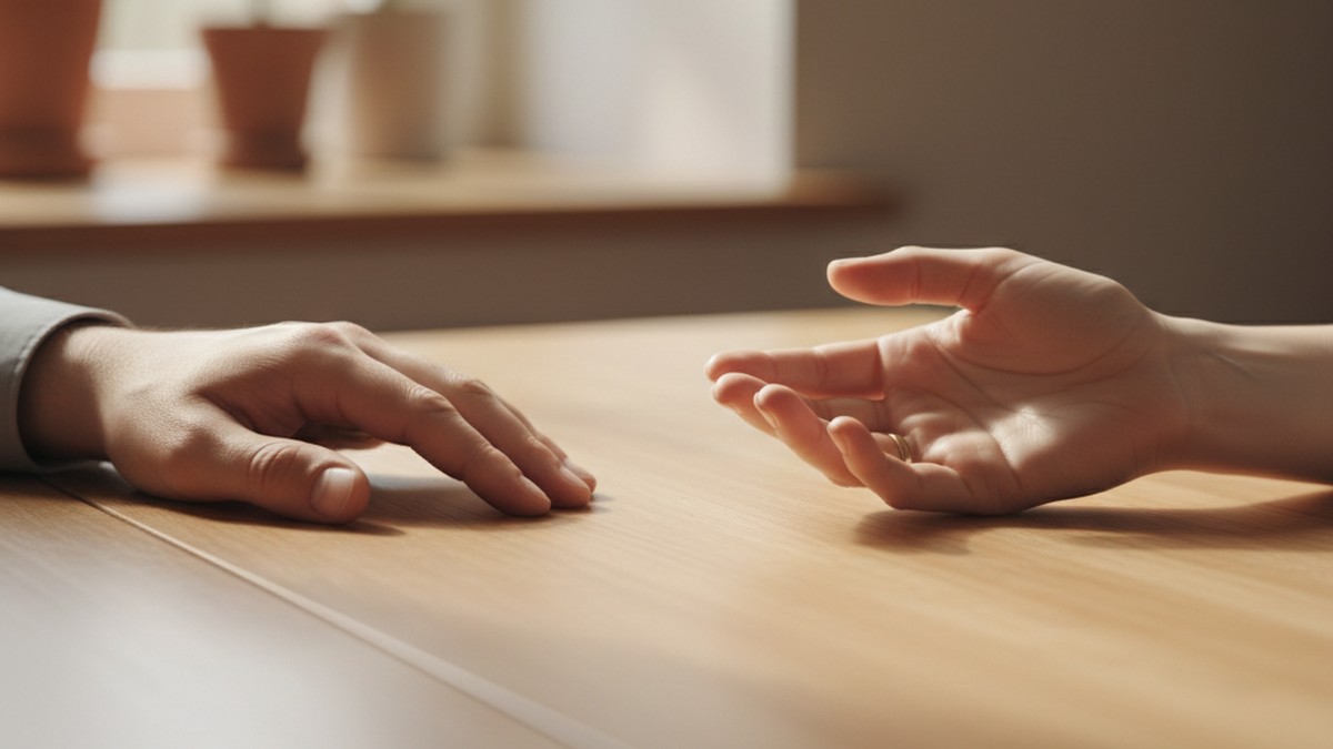 Two hands resting close but not touching on a table, representing the cautious process of rebuilding trust after cheating