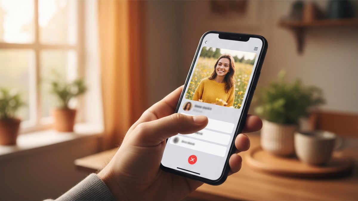 Hand hovering over a heart button on a dating app profile on a smartphone