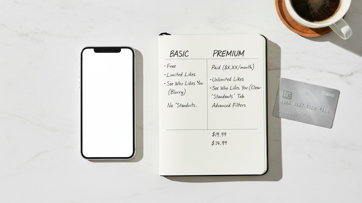 Overhead view of desk with smartphone, notebook and credit card for comparing subscription options