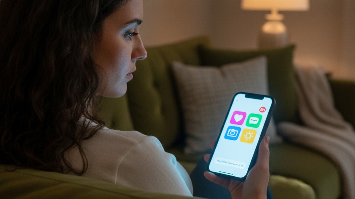 Woman looking at a partner's phone screen showing dating app notifications
